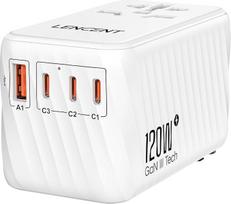 LENCENT tarptautinis kelionių adapteris, 120 W GaN3 universalus adapteris su 3 PD3.0 C tipo + 1 QC USB A, pasaulinis mobiliųjų telefonų adapteris, "viskas viename" kelionių kištukas ES/USA/UK/AU lizdams, baltos spalvos