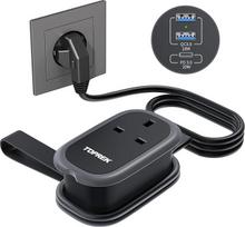 TOPREK JK-Europos kištuko adapteris su 1,06 m laidu, PD 38 W greitai įkraunamas ryžių adapteris iš JK į Europą su 2 USB-A ir 1 USB-C, skirtas Vokietijai, Prancūzijai, Ispanijai, Turkijai, Graikijai, Islandijai ir kt.