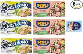 6 pakuotės "Rio Mare Nostromo" tuno ir žirnių paruoštų patiekalų bandomoji pakuotė, 2 x 150 g + 1 pakuotė nemokamų "Felce Azzurra" talko miltelių, 100 g maišelis