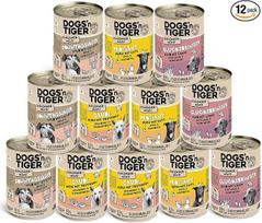 Dogs'n Tiger Adult Dogs, drėgnas maistas šunims, be grūdų, gurmaniška pakuotė, be pridėtinio cukraus ir dirbtinių konservantų, optimalus suderinamumas, žvėriena, vištiena, antis, ėriena ir jautiena, 12 x 400 g