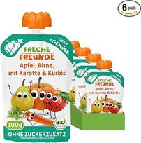 FRECHE FREUNDE Ekologiškas išspaudžiamas maišelis, obuolys, kriaušė, morka ir moliūgas, vaisių užpilo su daržovėmis išspaudžiamas maišelis kūdikiams nuo 6 mėn., veganiškas, 6 vnt. (6 x 100 g)