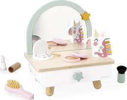 Janod J06463 Medinė kirpimo kėdė vaikams ant stalo stalčiaus, veidrodis ir 7 priedai Vienaragio tema 33 cm aukščio makiažo manekenas nuo 3 metų J06463
