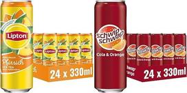 LIPTON ICE TEA Peach, ledinė persikų skonio arbata, vienkartinės skardinės (24 x 0,33 l) & Schwip Schwap, originalus gaivusis apelsinų skonio koksos gėrimas su kofeinu, vienkartinės skardinės (24 x 0,33 l)