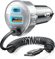 LISEN 65 W cigarečių žiebtuvėlio USB C 1,5 m automobilinis įkroviklis USB C spiralinis kabelis Greitas automobilinis įkroviklis PD&QC3.0 įkrovimo kabelis Automobilinis mobilusis telefonas 12 V USB adapteris Splitter lizdas iPhone 16 15 Pro Max, Samsung