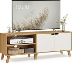 VASAGLE televizoriaus spintelė, televizoriaus stovas su 2 durimis, 140 cm ilgio, TV lentyna iki 60 colių televizoriui, reguliuojamos lentynos svetainei, valgomajam, miegamajam, natūralus ąžuolas, kreminė balta LTV027N01