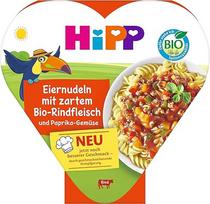"HiPP" ekologiški kiaušinių makaronai su delikatesine ekologiška jautiena ir paprikomis bei daržovėmis (6 x 250 g), Meniu