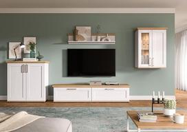 furnling Wohnmöbel-Set Viola, Wohnzimmer-Set 4-teilig aus Highboard, Lowboard, Wandboard, Vitrine, foliert, Breite 336 cm, Sibiu Lärche Nachbildung