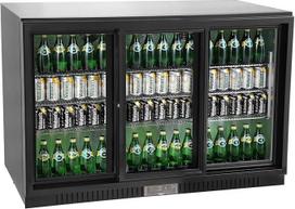 METRO Professional GBC3103 Stiklinių durų šaldytuvas, cinkuota skarda / aliuminis / stiklas, 3 durys, 9 reguliuojamos lentynos, automatinis atitirpinimas, 308 l, su užraktu, LED apšvietimas, juodas