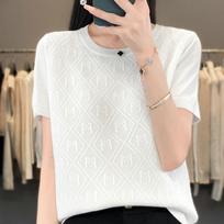 New Summer Ice Silk Round Neck Sweater for Women Short-sleeved T-shirt Jacquard Loose Versatile Knitted Base Shirt S balta