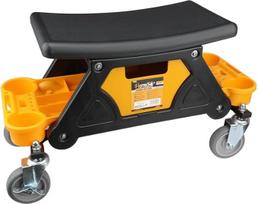 "Hoteche" dirbtuvių taburetė, plastikinė automobilių remonto taburetė, juodo PP dizaino, su geltonu įrankių skyriumi ir stalčiumi, 650 x 250 x 380 mm, 100 kg keliamoji galia
