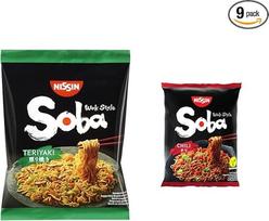 "Nissin Soba Bag - Teriyaki", 9 pakuotės ir "Soba Bag - Chili", 9 pakuotės, Wok stiliaus japoniški greito paruošimo makaronai su aitriųjų paprikų padažu, greitas paruošimas, Azijos maistas (9 x 111 g)