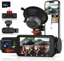 CAMECHO 4 objektyvų 2K/1080P Mini Dash Cam, 4 kanalų judesio stebėjimo kamera su 3 colių ekranu, integruotu WiFi GPS, ADAS, super naktiniu matymu, kilpos įrašymu, 24 valandų stovėjimo režimu + 64GB atminties kortelė