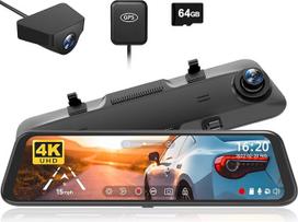 WOLFBOX 12 Inch G850 4K Mirror Dash Cam with Rear View Camera, Dual Dash Cam Mirror Car Front and Rear, Super Night Vision, Parking Monitoring, Reversing Aid, Includes 64GB Map & GPS