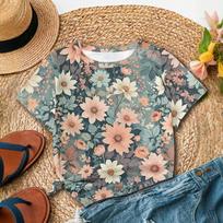 Artistic Style Flower Print Women's T-shirt Summer Casual Fashion Style Round Neck Short Sleeve S