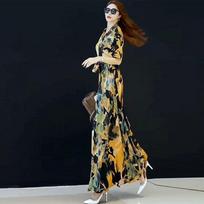 High-end Dress for Women New Fashionable Style Waist-hugging Short-sleeved Pullover Print High-waisted Long Skirt L smėlis