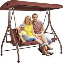 VEVOR 3 vietų kėdė "Patio Swing Chair", "Hollywood Swing Patio Porch" su reguliuojamu stogeliu, nuimama pagalvėle ir legiruoto plieno rėmu, skirta balkonui, kiemui, baseino kraštui, ruda spalva