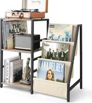 "Bikoney" šoninis staliukas su 3 pakopų vinilinių plokštelių saugykla iki 200 albumų, vinilinių plokštelių grotuvo stovas, medinis šoninis staliukas svetainei (baltas)