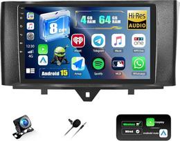 CAMECHO Android 15 Qualcomm 4+64G 8-Kern Autoradio für Mercedes-Benz Smart Fortwo 2011-2015, 9 Zoll DSP Bluetooth Radio mit Wireless Carplay Android Auto WiFi GPS FM/RDS +Rückfahrkamera Lüfterkühlung