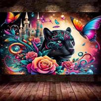 Diy Fantasy Flowers,Black Leopard Castle Landscape,Diamond Painting Full Square Round Diamond Embroidery Art 5D Cross Stitch Full Round 20x40CM beige