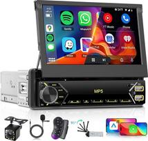 Hodozzy Autoradio 1 Din mit Wireless CarPlay Android Auto, 7 Zoll Ausfahrbarem Touchscreen Bluetooth, FM Radio, Online-Video, EQ, Lenkradsteuerung, unterstützt U-Disk/USB/Typ C und Rückfahrkamera