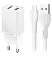 Baltas 10W 2xUSB-A pakrovėjas + 100cm USB-A - USB-C laidas "Awei C15T-EU"