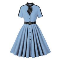 Moteriškos Retro suknelės Hepburn stiliaus skara apykaklė Polka taškuota plona sūpuoklės suknelė, darbo biure, kasdieniai drabužiai L mėlyna