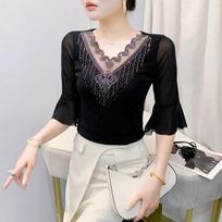 Summer Fashion Sexy V-neck Girl T-shirt Clothes Shiny Hot Diamond Flare Sleeve Mesh Tees High Quality Women's Tops M juoda