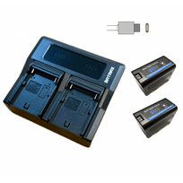 2x Sony NP-F750 PRO Type-C akumuliatorius su indikatoriumi 6400 mAh+ dvigubas greitasis pakrovėjas