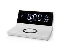 Nedis WCACQ20WT - Žadintuvas su LCD ekranu ir bevielis įkroviklis 15W/5V balta