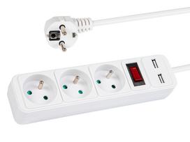 PR-370WSP/USB 3 lizdų maitinimo prailgintuvas + USB su įžeminimu + jungikliu 3x1.5mm 3m baltas
