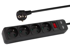 PR-470WSP/USB prailgintuvas 4 lizdų + USB su įžeminimu + jungikliu 1.5 m JUODAS 3x1.5 mm