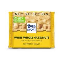 Baltas šokoladas Ritter Sport, su neskaldytais lazdynų riešutais, 100g
