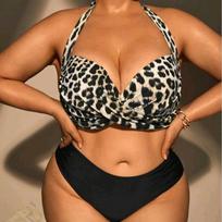 „Leopard Print“ bikinis V formos iškirpte su raišteliu suvarstomas maudymosi kostiumėlis plius dydžio aukštu juosmeniu moteriškas maudymosi kostiumėlis, dviejų dalių maudymosi kostiumėlis XL