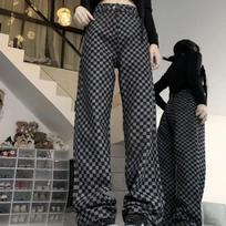 High Street Retro Plaid Straight Jeans Women Autumn and Winter Design High Waisted Loose Slim Checkerboard Floor-Mopping Pants S juoda