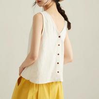 Women Clothing Vintage Simple Causal Vacation with Buttons Linen Tank Tops Summer Female V Neck White Loose Sleeveless Vest L balta