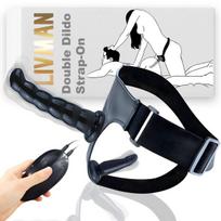 Realistiškas dėvimas dvigubas dildo (Strap-On) DY005 abiem lytims su reguliuojamu elastiniu diržu ir vibracijos valdymu