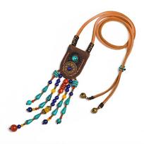 Vintage Ethnic Style Long Tassel Necklace Fashionable Leather Gemstone Necklace Women's Sweater Chain Niche Jewelry Necklaces A brown