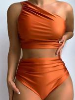 Sexy Fashion One Shoulder Bikinis 2 Piece Set Women Split Swimsuit High Waist Beach Bikinis 2025 New Summer Swimwear Bikinis Set S oranžinė