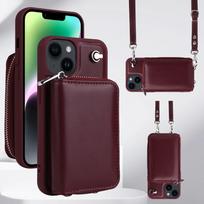 Crossbody Lanyard Phone Case for IPhone 15 14 13 12 11 Pro XR XS Max 8 7 Plus Zipper Wallet with Card Holder Back Stand Cover For iPhone 14 raudona