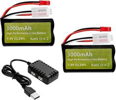 2x 7.4V 3000mAh 15C 2S Li-ion baterija su JST-2P kištuku ir 2-in-1 įkroviklis – UDIRC UD1601 UD1602 SG1603 RC automobiliui 1/10 1/12 1/16 mastelio sunkvežimis juoda