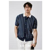 Laisvalaikio dryžuoti polo marškinėliai vyrams Vasaros Verslo Nesiglamžantys Slim Fit Džentilmeniški Ploni Megzti Dryžuoti Trumpomis Rankovėmis T-shirt M tamsiai mėlyna spalva