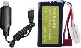 7.4V 3000mAh 15C 2S Li-ion akumuliatorius su T kištuku ir USB įkrovimo laidu – skirtas WLtoys 12423 MJX 14301 14302 14303 H16PL didelio greičio RC automobiliui 1/10 1/12 1/16 juoda