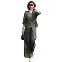Casual 2 Piece Outfit for Women 45720 Sleeve Button Down Shirt Wide Leg Pants 2XL armijos žalia spalva