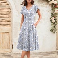 Moteriška vasaros mados V formos iškirptės, raukiniais rankogaliais, retro stiliaus, elegantiška midi suknelė XXL oranžinė