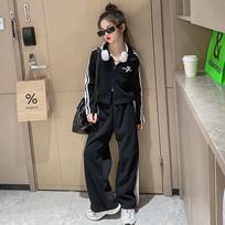 Autumn Suit for Children, Two-piece Casual Wide-leg Pants Suit 170 juoda