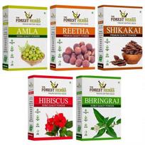 THE FOREST HERBS Natūrali priežiūra iš gamtos Natūralūs ekologiški Amla, Reetha, Shikakai, Bhringraj, Hibiscus milteliai visų tipų plaukams, po 100 g, 5 vnt. gray