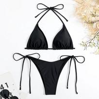 Seksualus moteriškas stringas, vientisos spalvos bikini komplektas, šoninis halterio raištelis, maudymosi kostiumėlis, moteriškas, dalytas, reguliuojamas maudymosi kostiumėlis, paplūdimio drabužiai S juoda