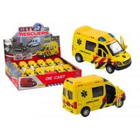 LEAN Toys Ambulance greitosios pagalbos automobilis 1:32, atidaromos durys, šviesos ir garsai, inercinis, geltonas