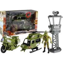 LEAN Toys Karinis rinkinys: karinis sraigtasparnis, kovinė transporto priemonė, valdymo bokštas, kareivis