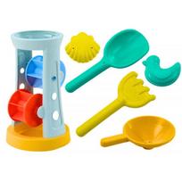 LEAN Toys Smėlio žaislų rinkinys: malūnėlis, grėblys, kastuvėlis ir formelės